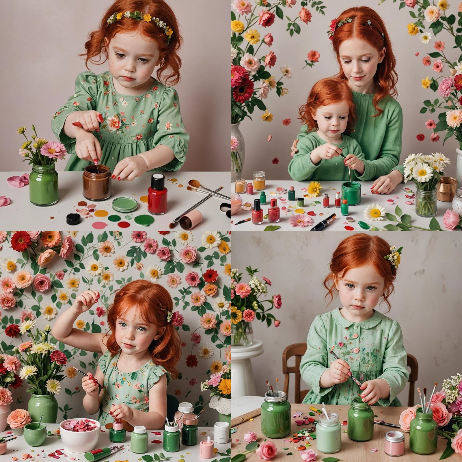 Red-Haired Girl's Manicure with Flowers