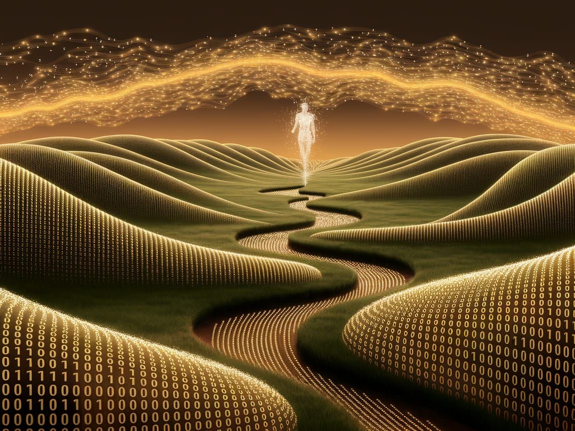 Surreal Digital Landscape of Binary Code and Human Form