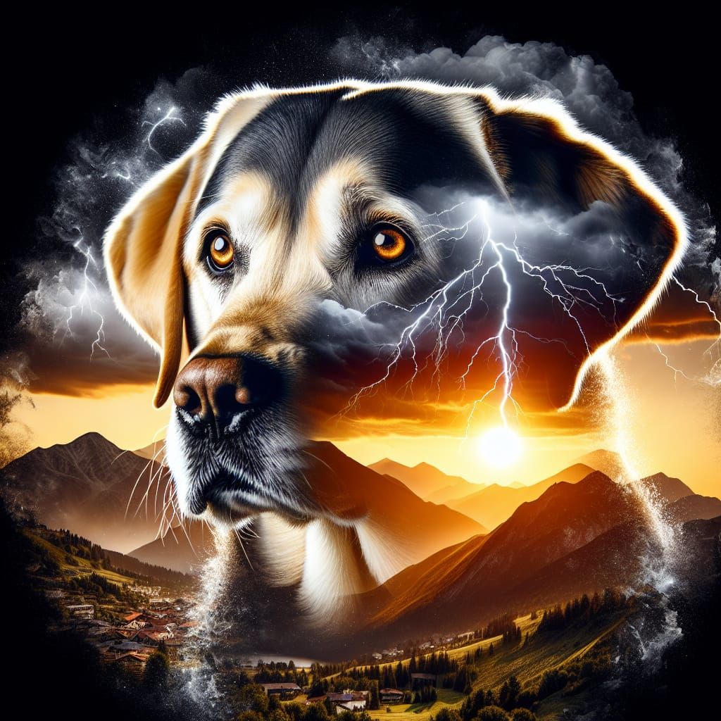 Labrador Retriever Silhouette with Mountain Sunset