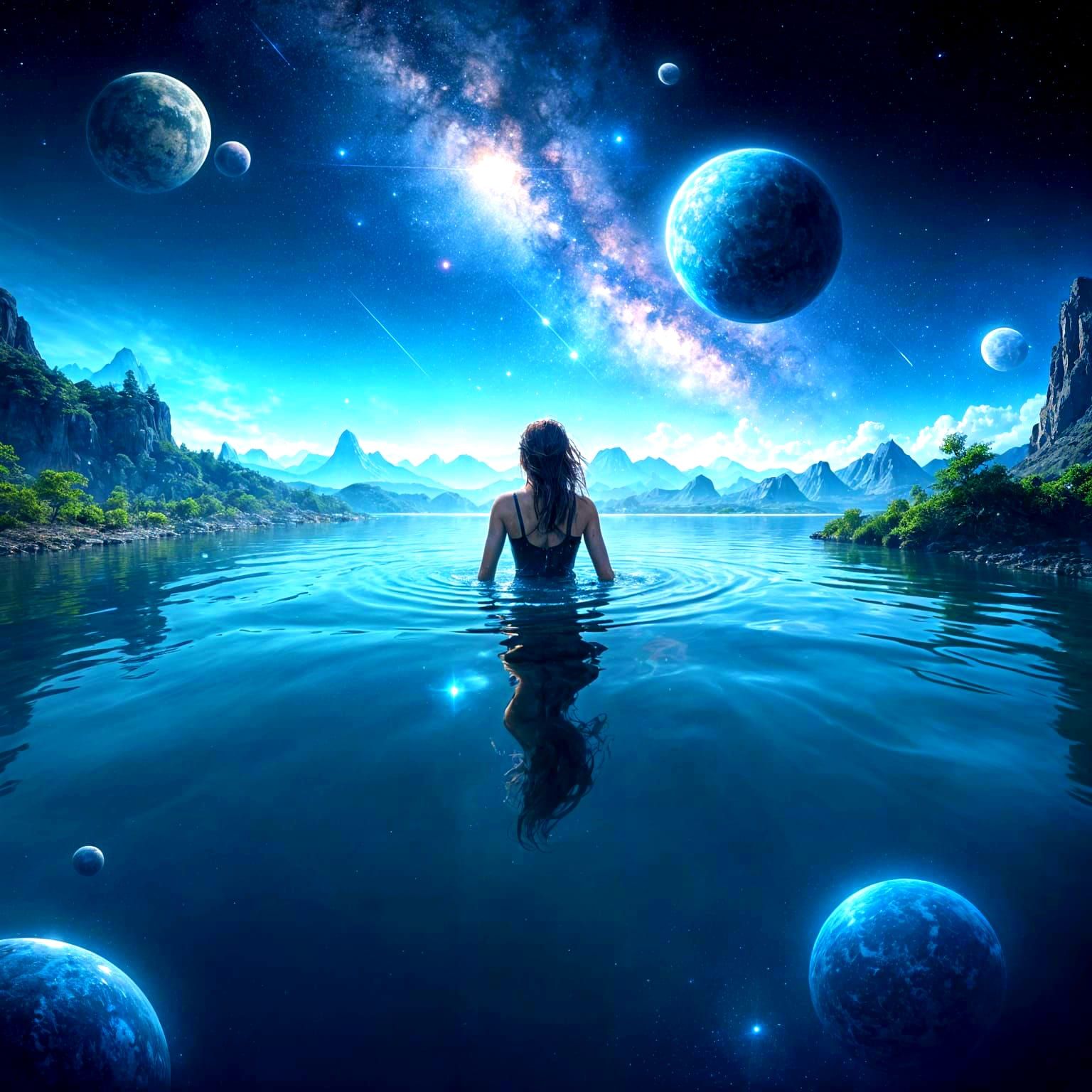 Cosmic Reflection: Woman Swimming Under Night Sky