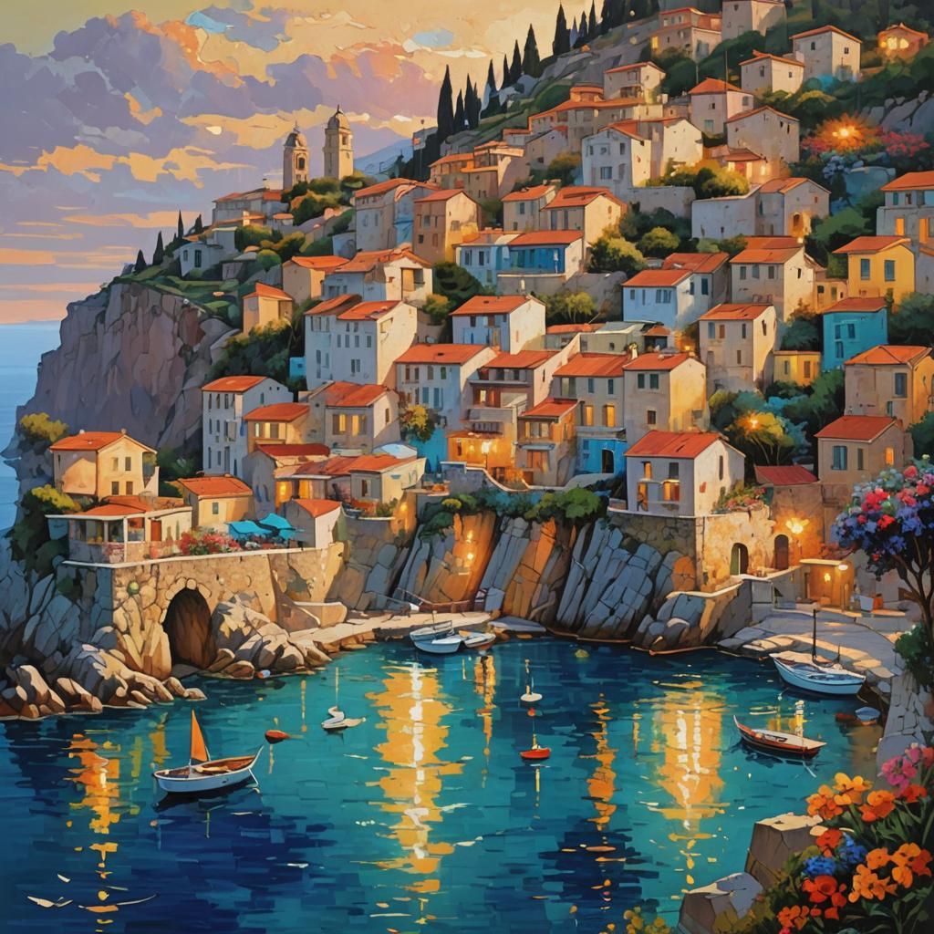 luminescent stunning Mediterranean Seaside a coastal village nestled between rocky cliffs, fishing boats bobbing in the ...