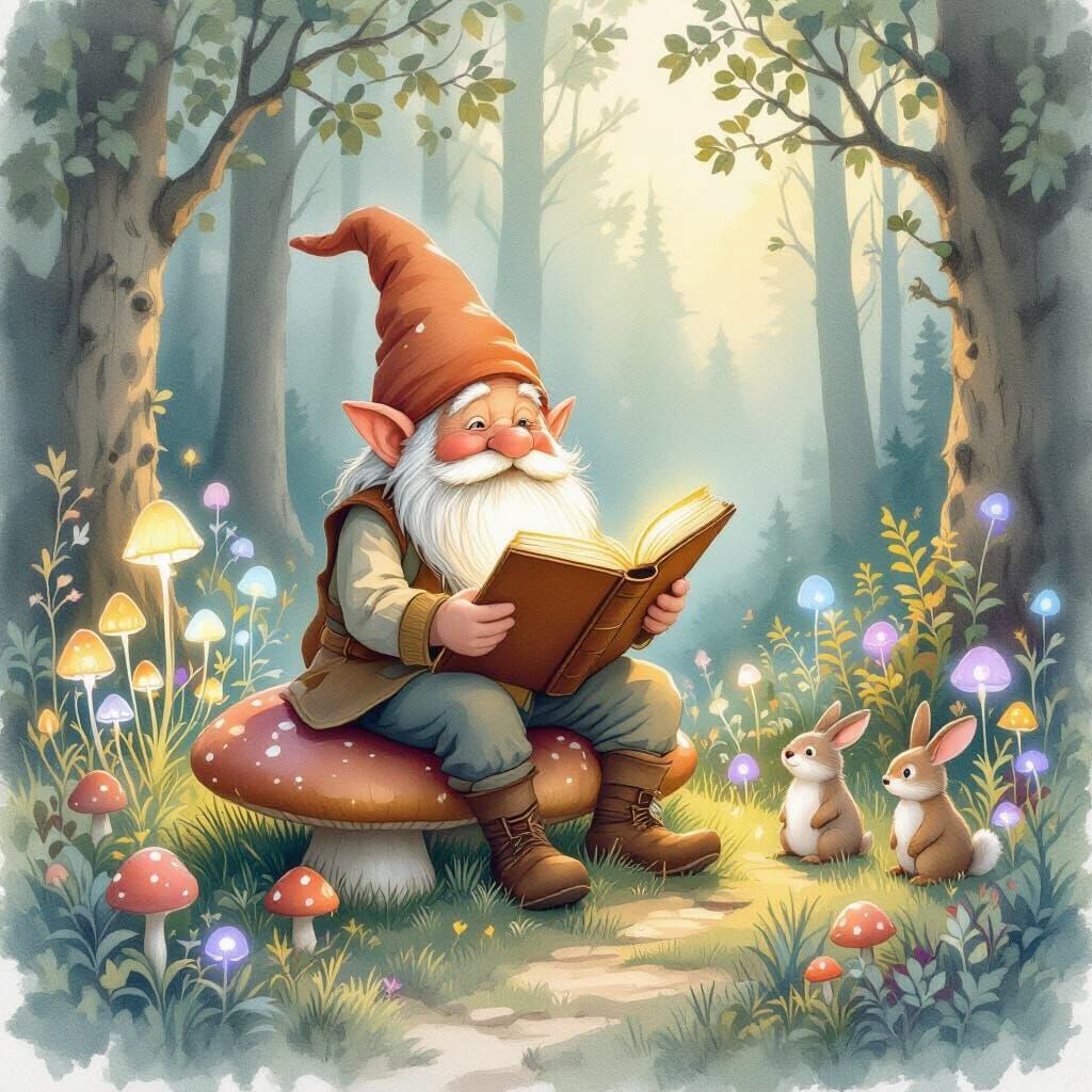 Gnome Reading in Bioluminescent Forest, Watercolor Art