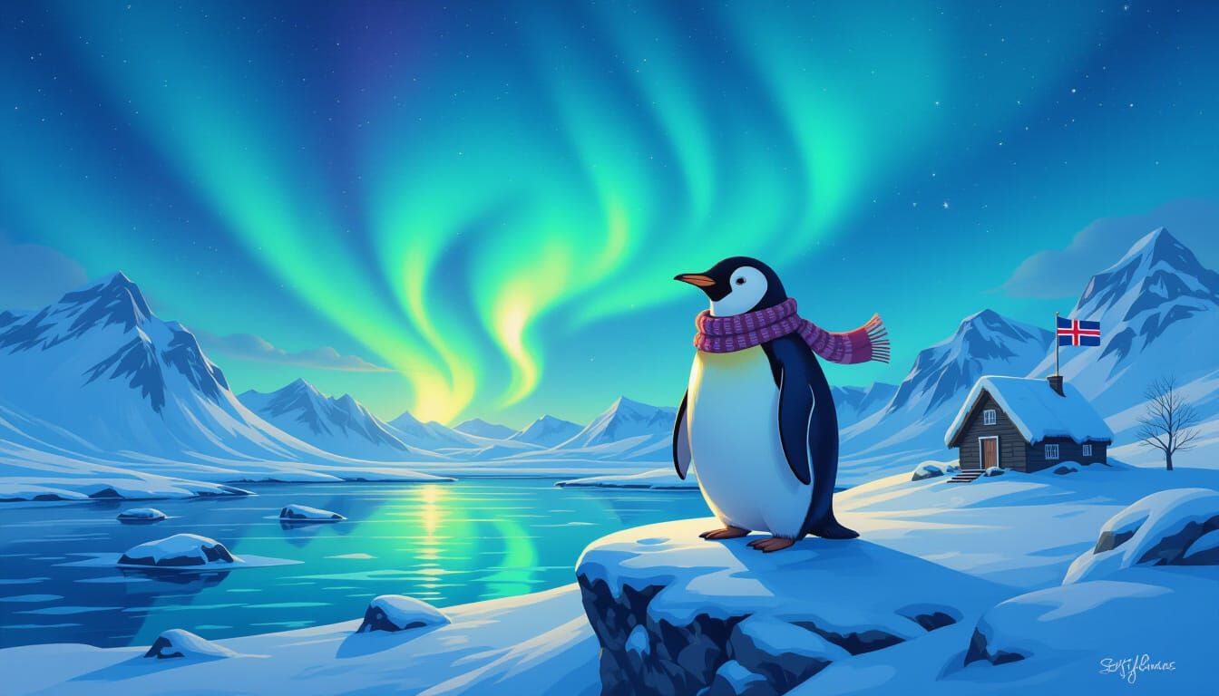 Penguin Under Icelandic Aurora in Storybook Style