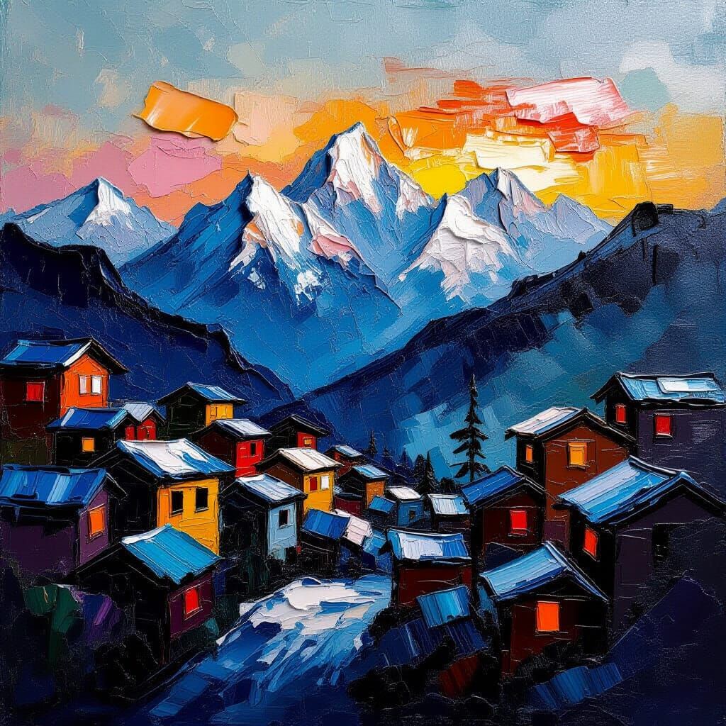 Himalayas at Evening in Impasto Encaustic Style