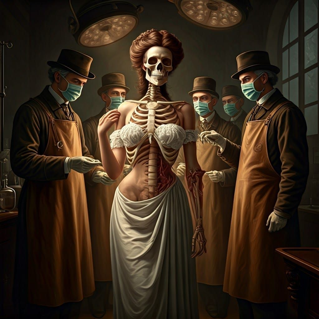 Eerie Victorian Hybrid in Dimly Lit Operating Theater
