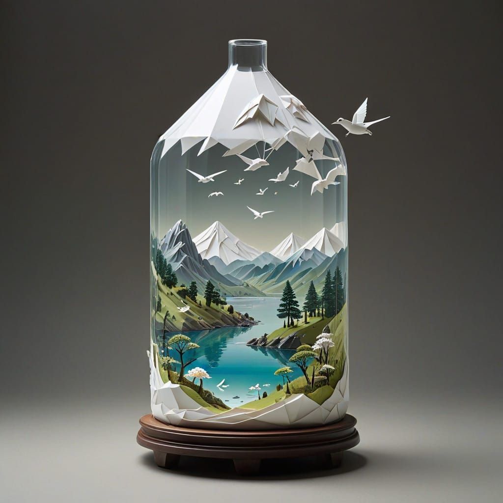 Origami Landscape in a Glass Bottle