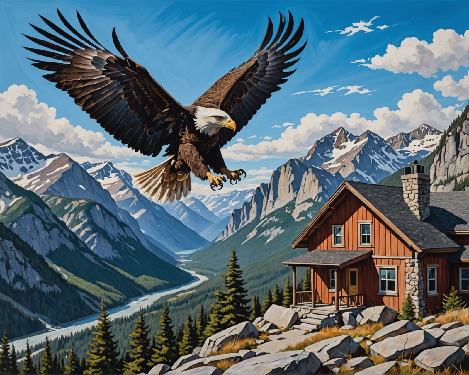 Eagle Over Rockies: Hyperdetailed Acrylic Painting