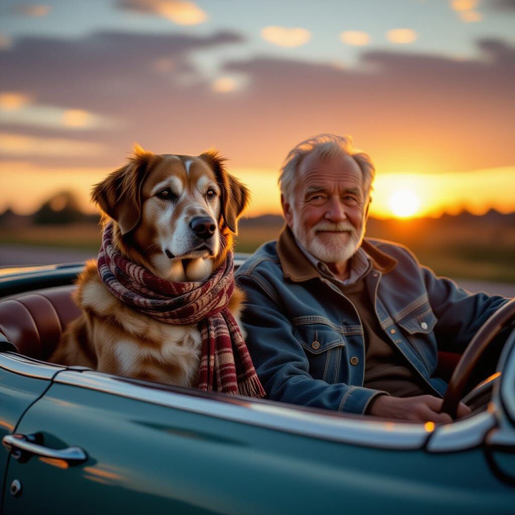 Dog and Man in Convertible, Nostalgic Photography