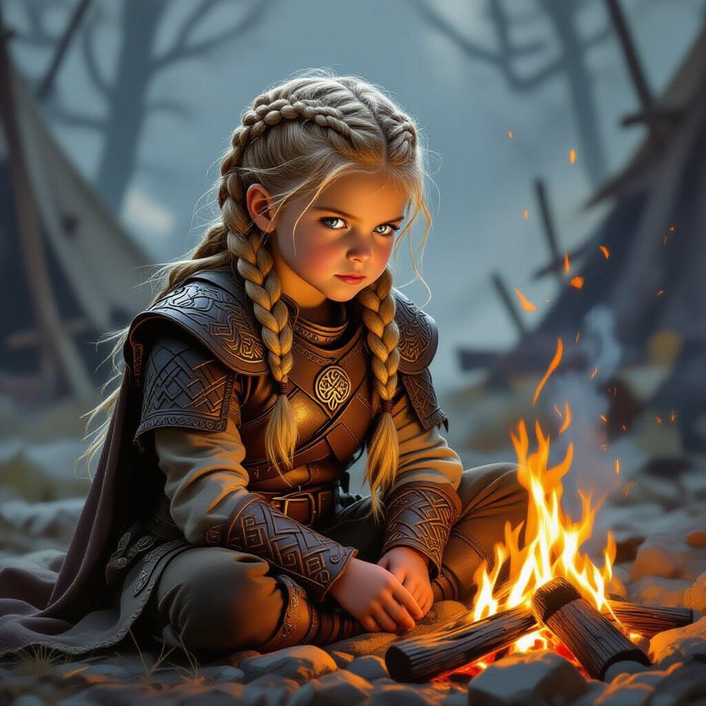 Viking Girl Warrior by Campfire in Painterly Style