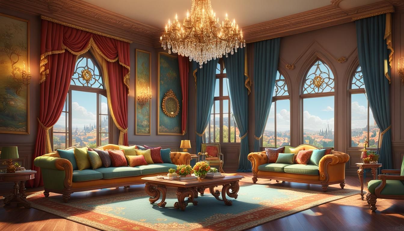Elegant Castle Sitting Room in Vibrant Pixar Style