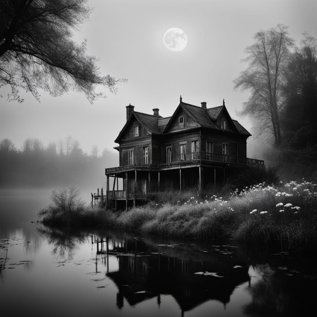 Ethereal Black and White Masterpiece of a Dilapidated Lake H...
