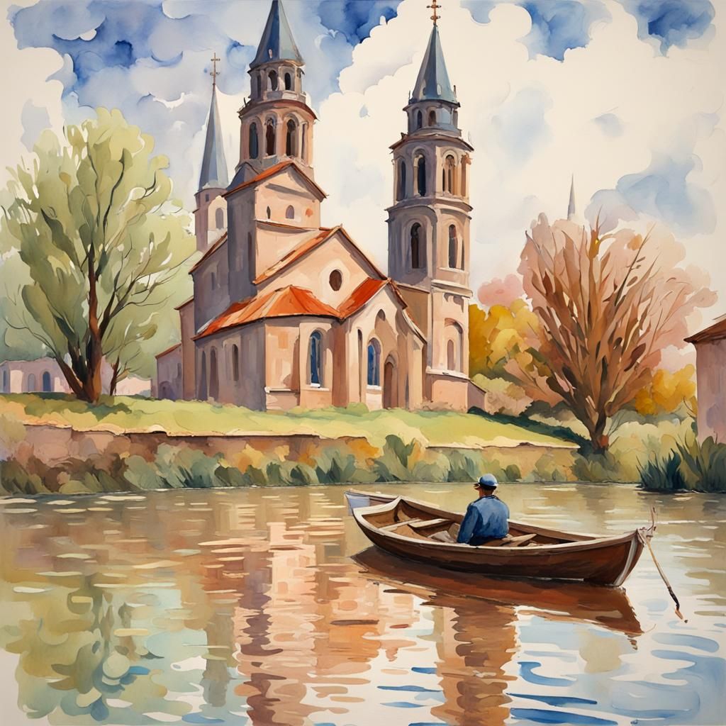 Flooded Easter Scene in Gouache Watercolor Style