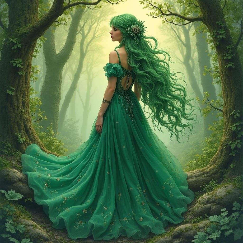 Mystical Woman in Emerald Embroidered Gown Amidst Enchanted ...