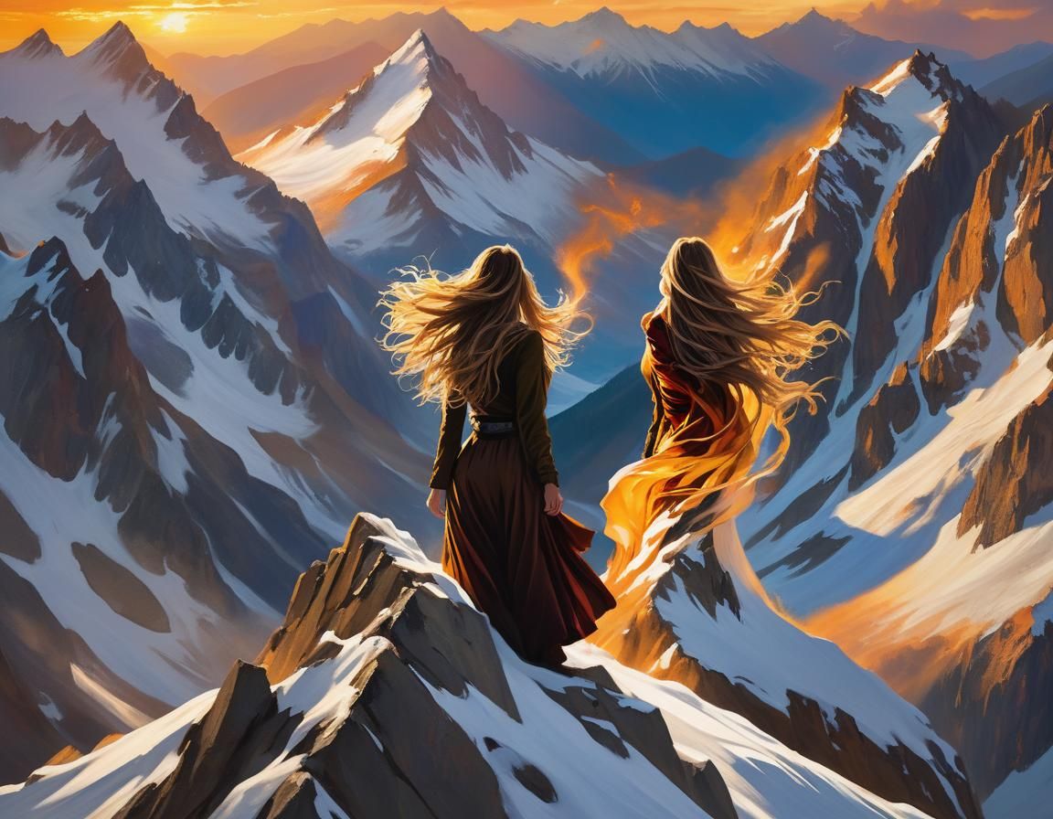 Woman on Mountain: Impasto Painting in Golden Light