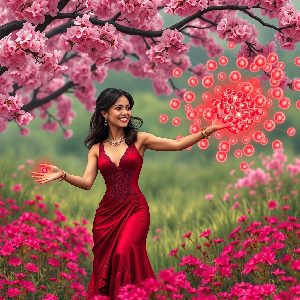 Enchantress Casting Scarlet Magic in Spring Meadow