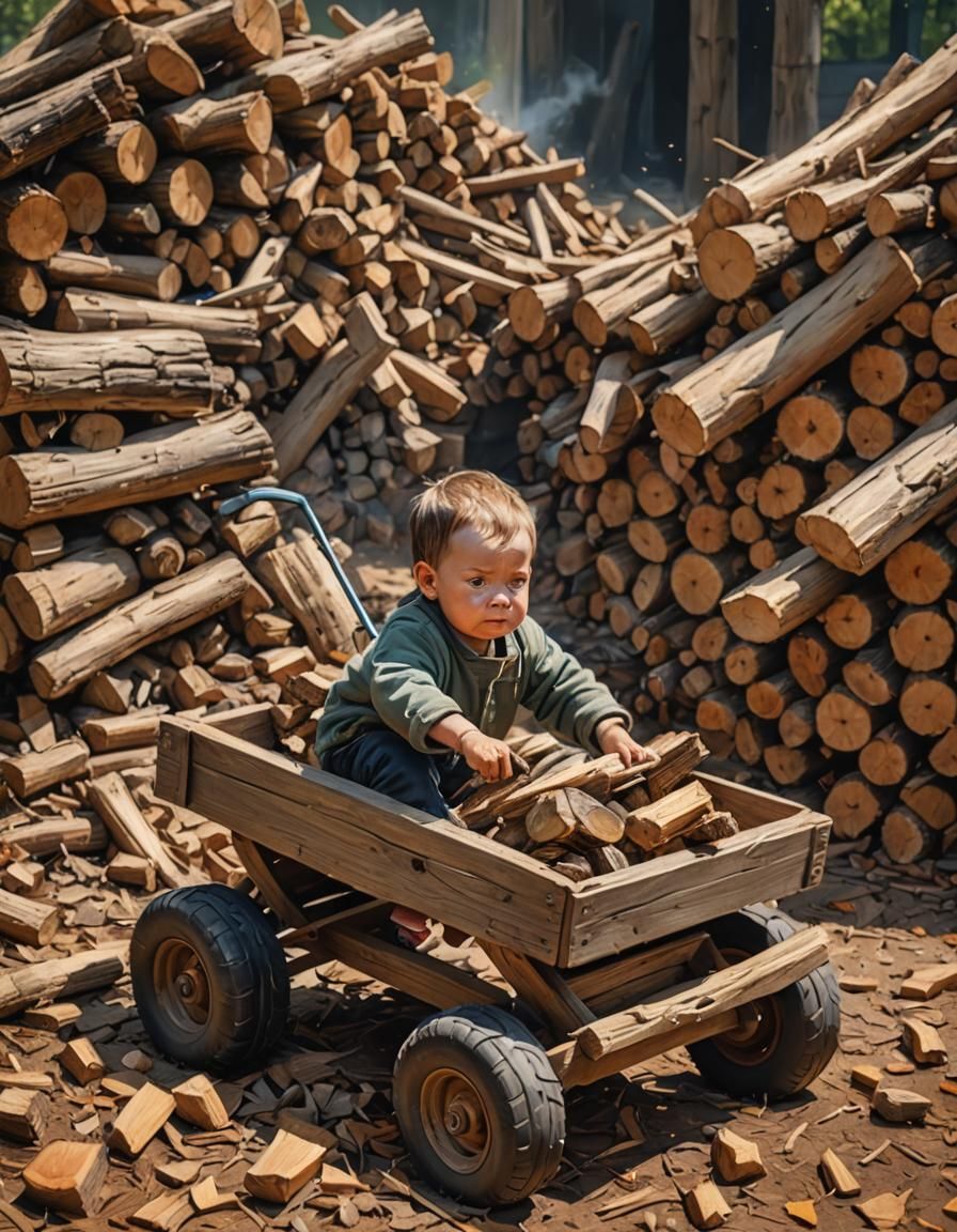 Baby Pulling Firewood Cart: Hyperrealistic Splash Art