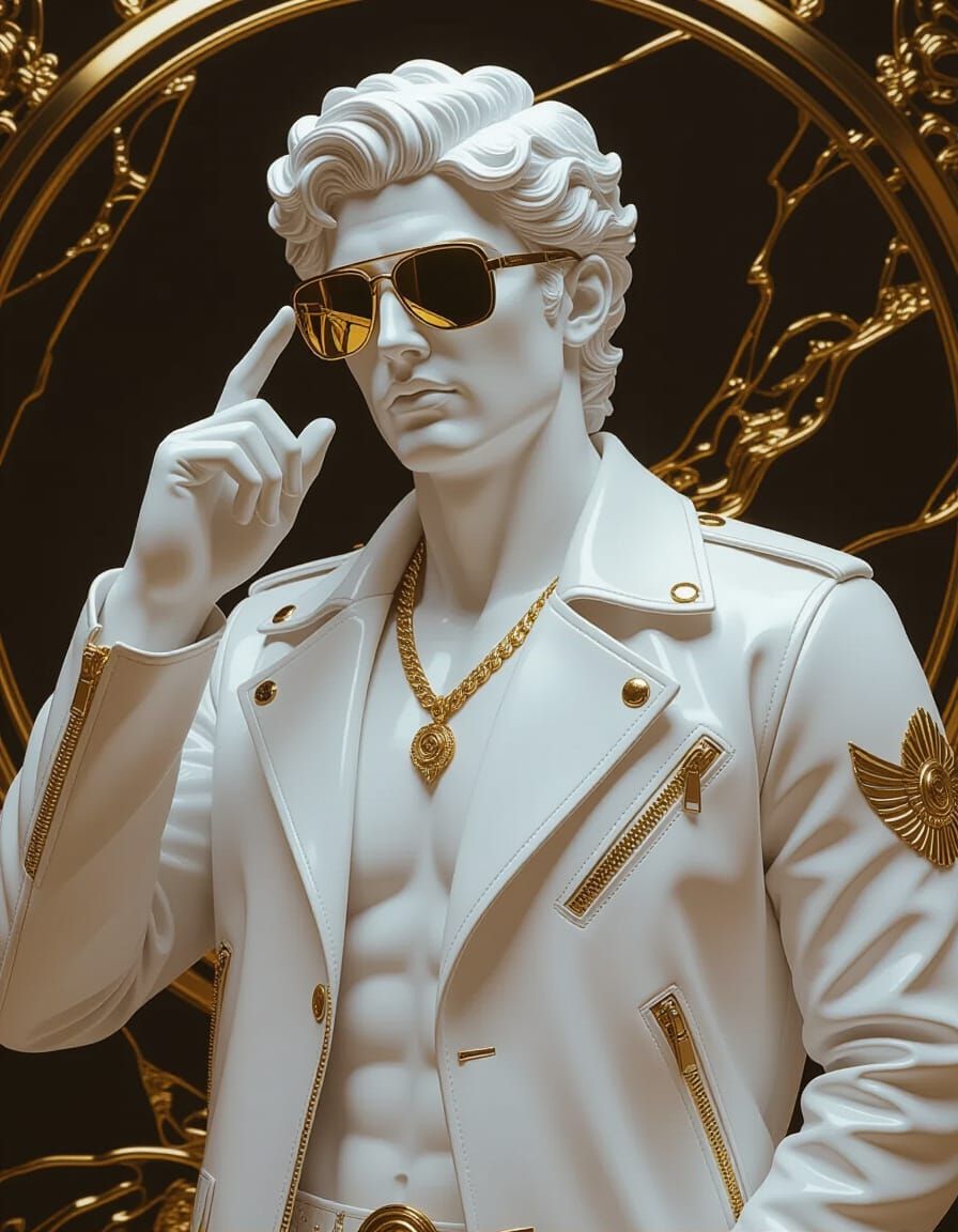 Apollo Statue with Gold Sunglasses, Hyperrealistic Style