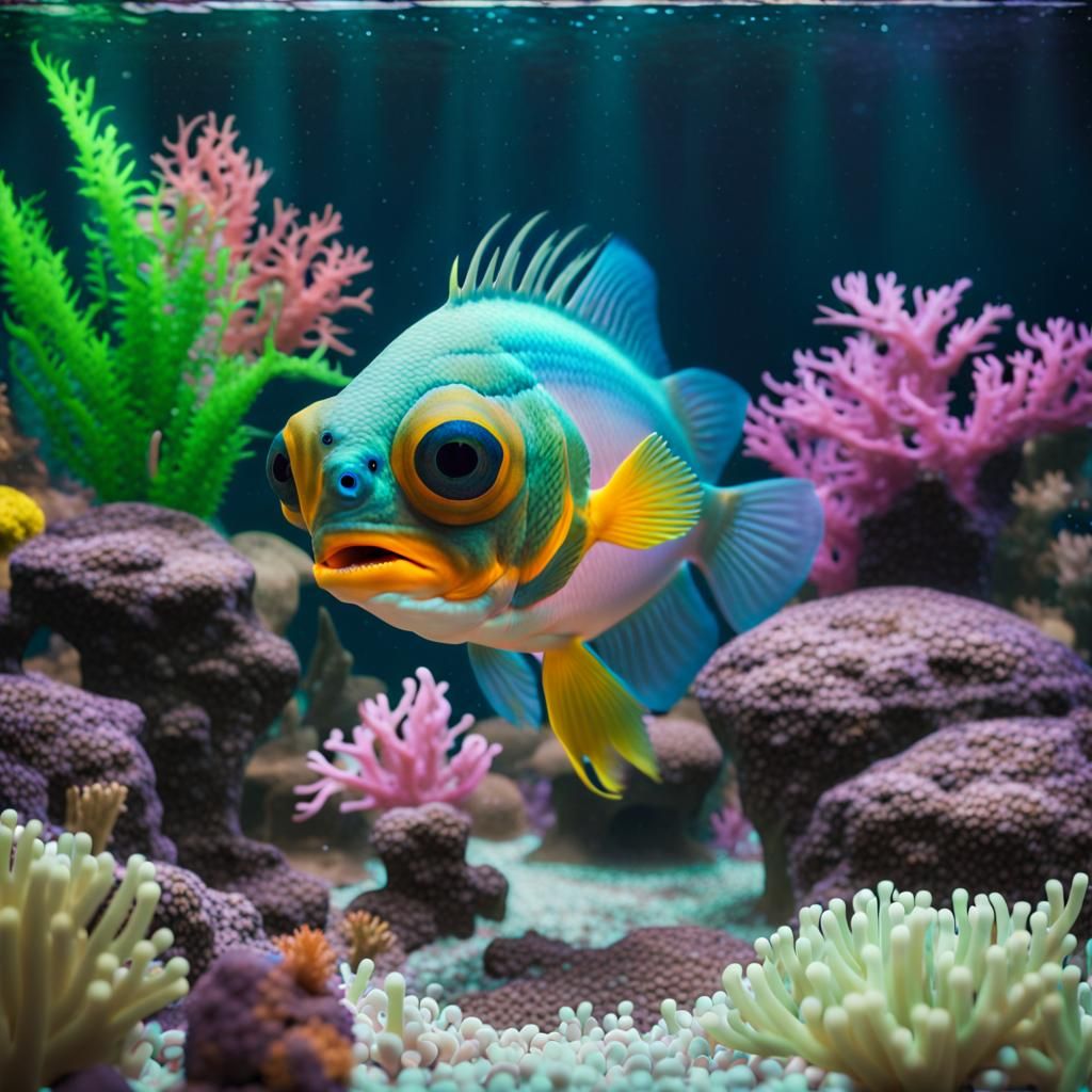 Colorful Fish Tank with Googly Eyes: Cinematic Still