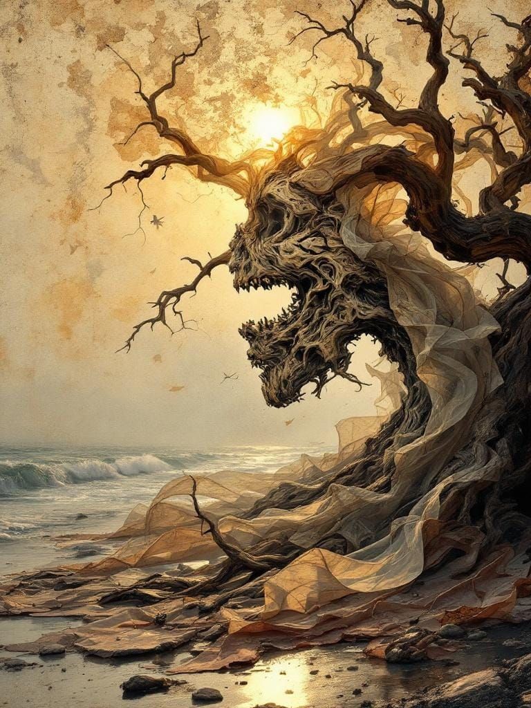 Driftwood Curling Eroded Olde-World Map, Charred and Rusty