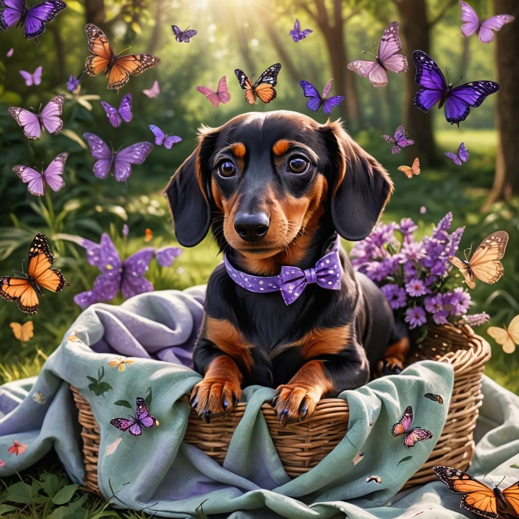 Dachshund with Purple Bow in Picnic Basket