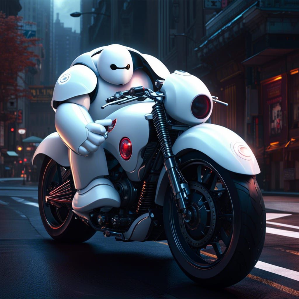 Baymax Rides a Motorcycle: Dark Fantasy Concept Art