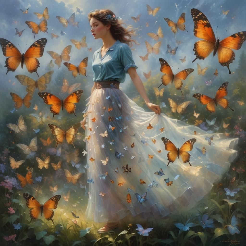 Ethereal Woman in Butterfly Skirt, Hyperdetailed Fantasy