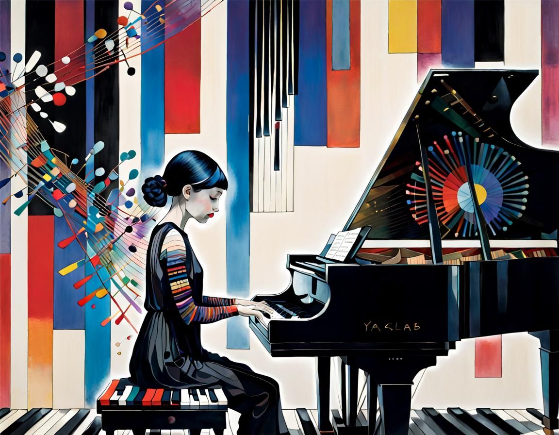 Woman at Piano in Abstract Illustration Style