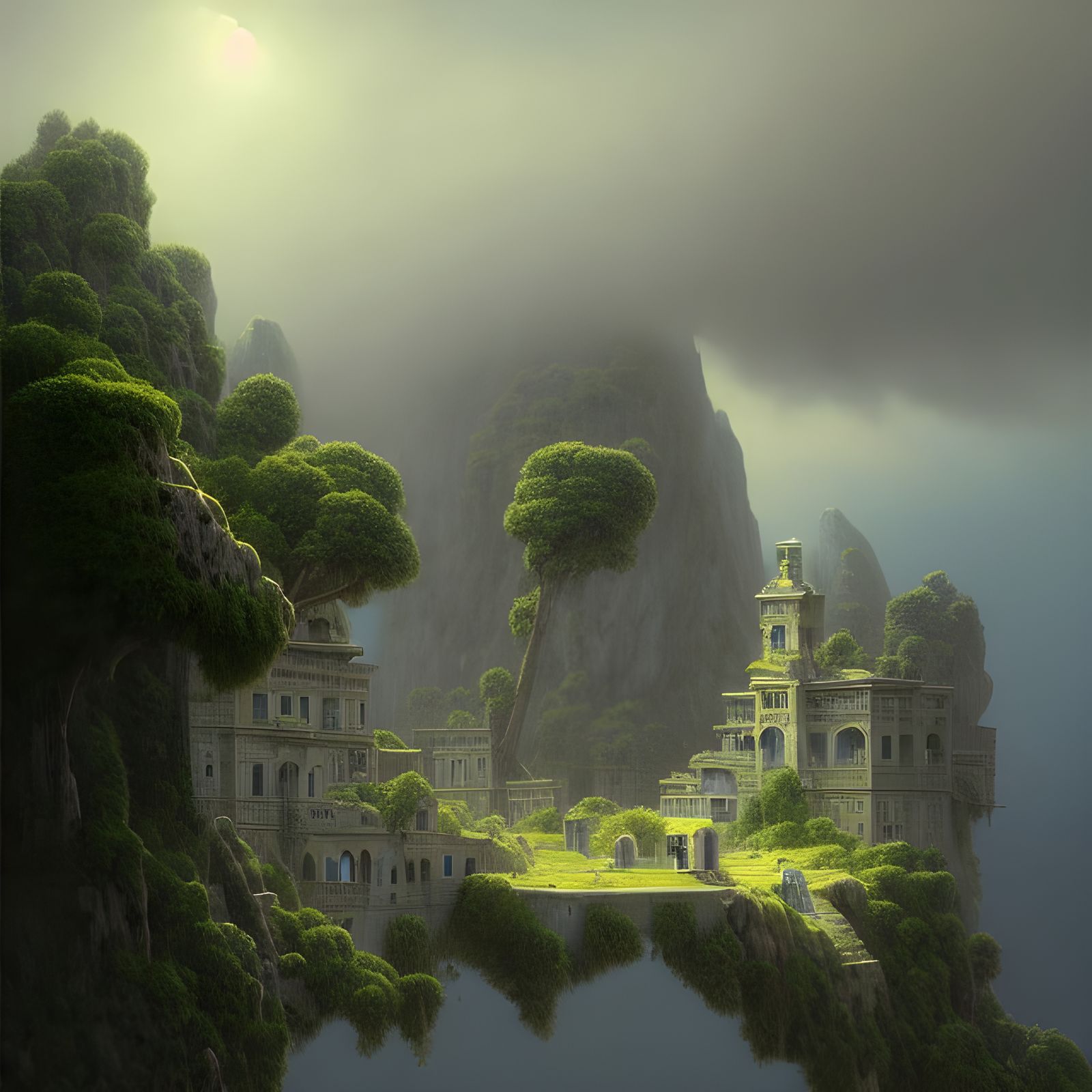 Lush Stone City Rises from Clouds: Surreal Digital Art