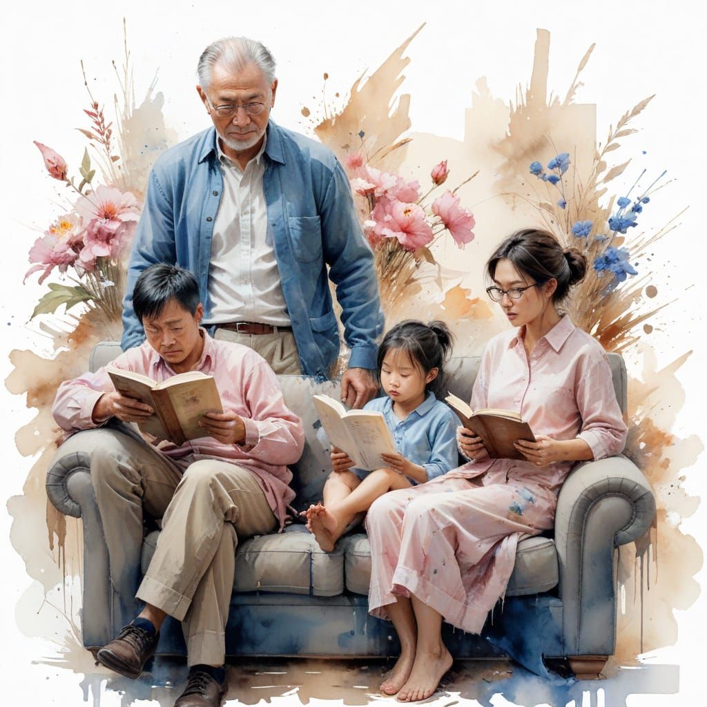 Mongolian Family Reading Together on Couch