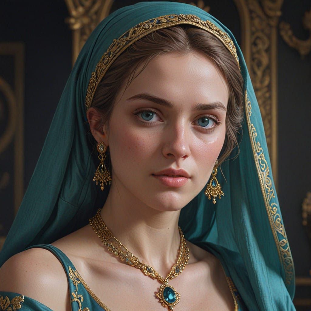 Elegant Lady in Teal-Blue Gown, a Portrait in the Style of O...