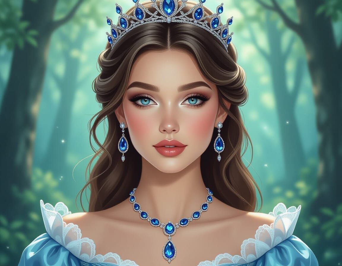 Regal Queen with Sapphire Jewelry in Folk Art Style