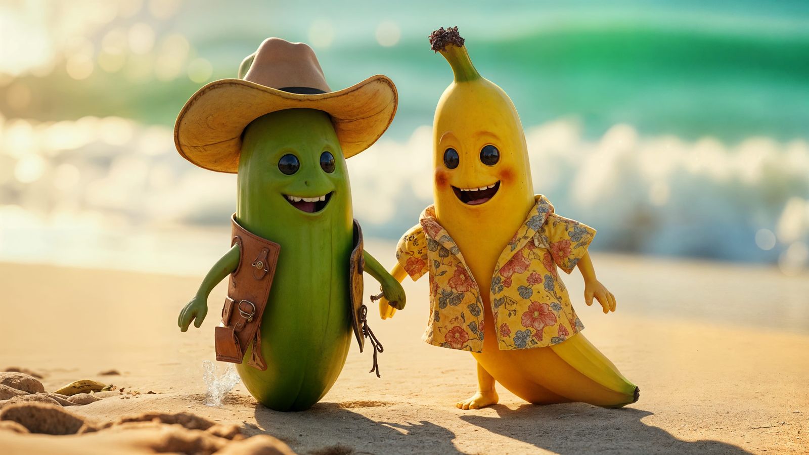 Hyper-Realistic Pickle and Banana Friends on a Tropical Beac...