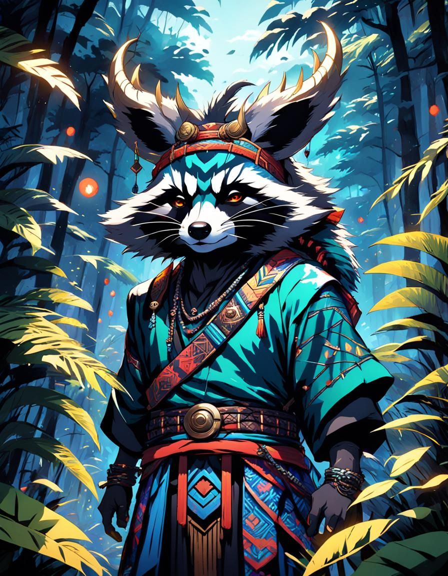 Humanoid Raccoon Druid in Jungle, Anime Art