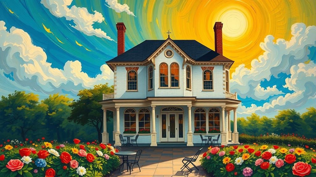 Victorian Coffee Shop in Dreamlike Sky as Neo-Impressionist ...