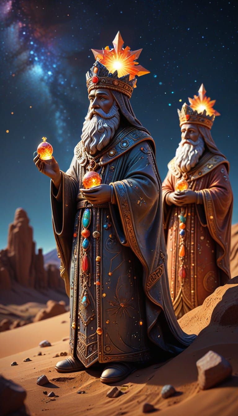 Three Wise Kings in Vibrant Clay Statues under Starry Night....