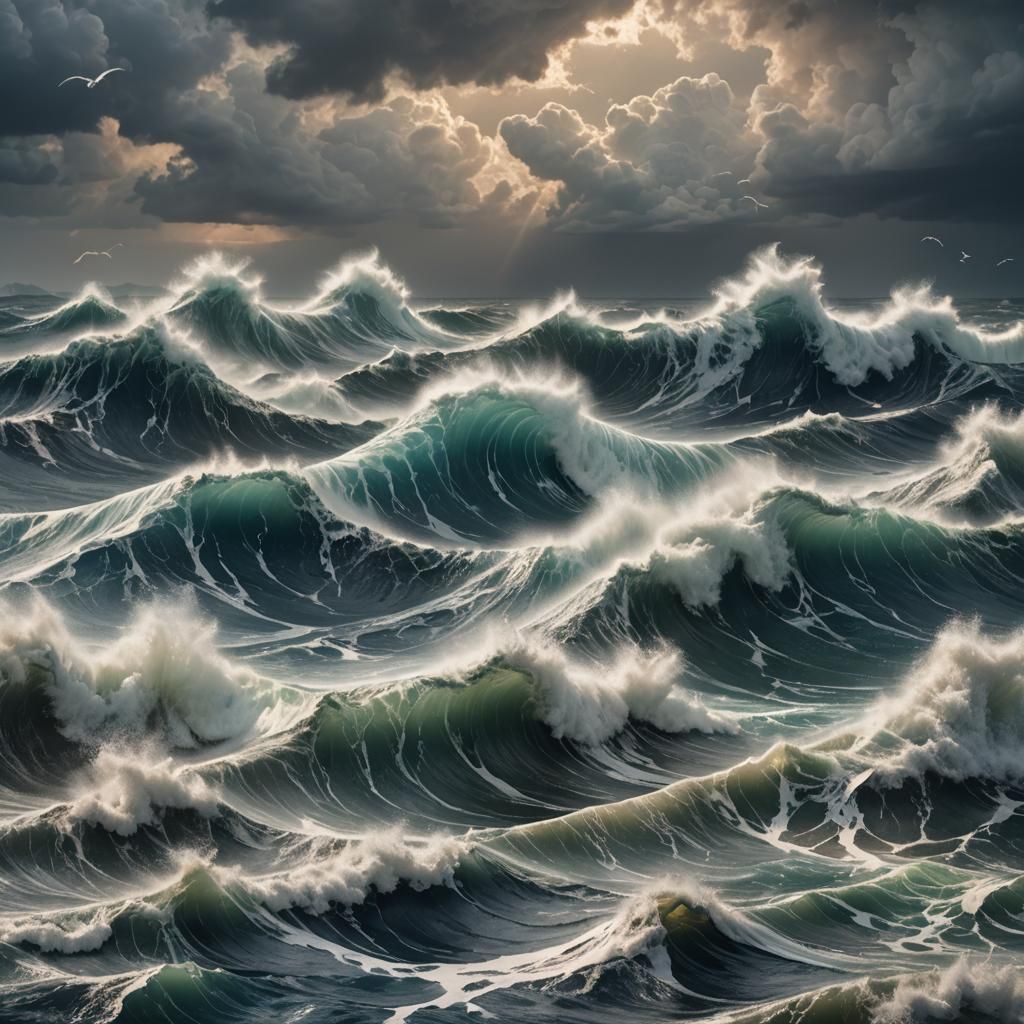 Ocean Storm with Giant Origami Waves in Digital Art