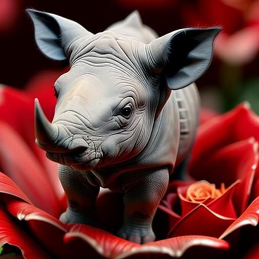 Adorable Baby Rhino in Red Rose Bloom