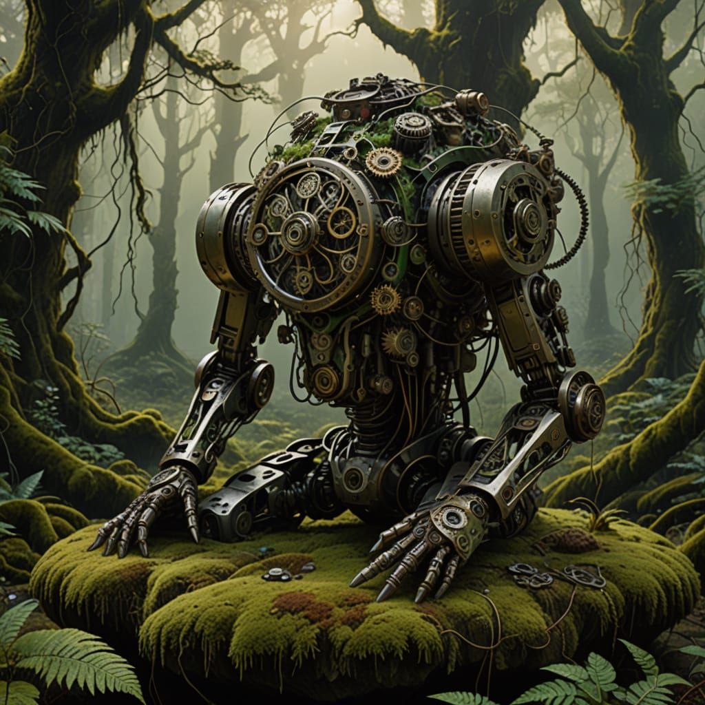 Cyborg Remains in Ancient Forest, Steampunk Style