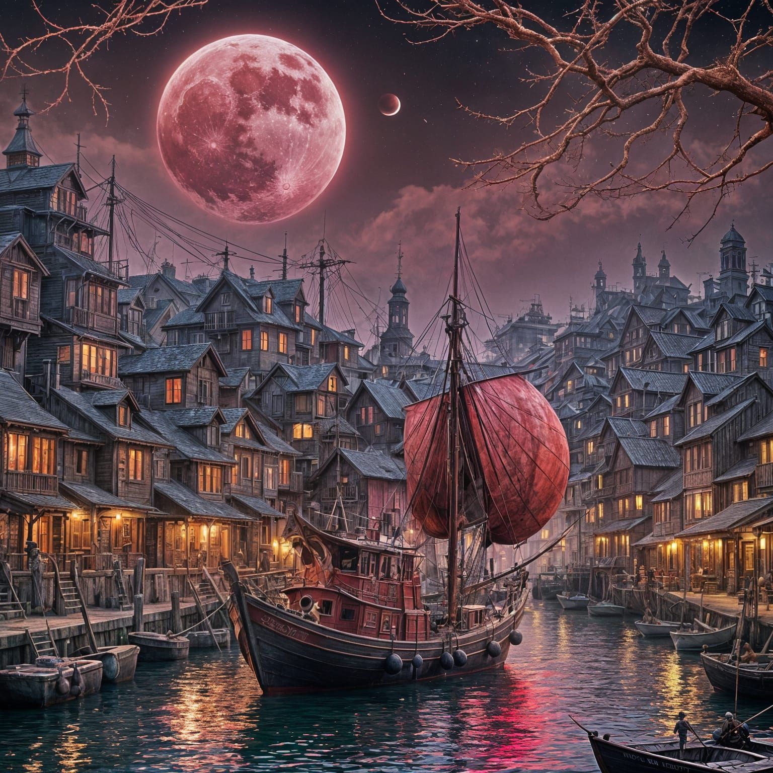 Vaporwave Fishing Boat Under Red Moon