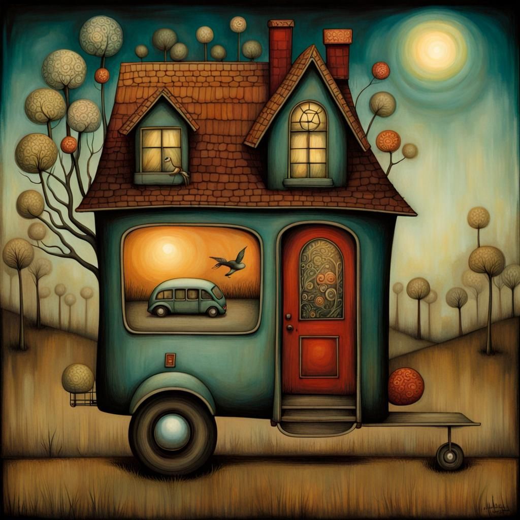 House on Wheels: Surreal Illustration