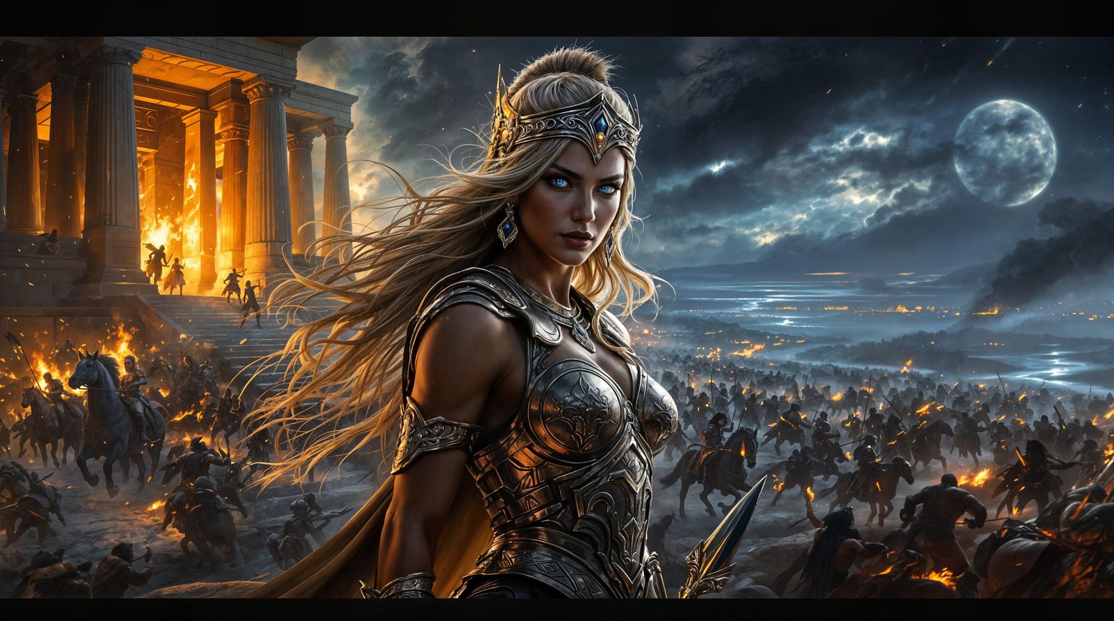 Ancient Temple of Ares under Siege in a Moonlit Night