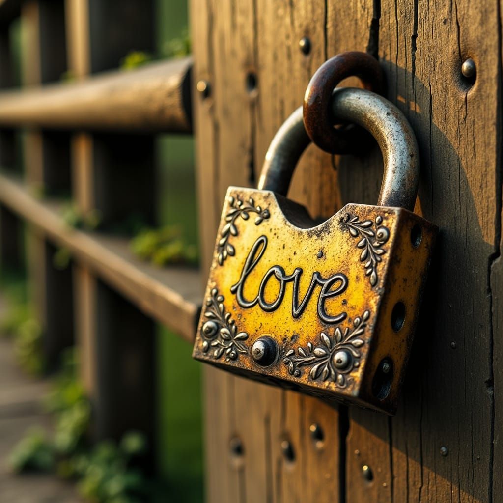 Golden Lock on Weathered Bridge Railing in Dreamy Impression...