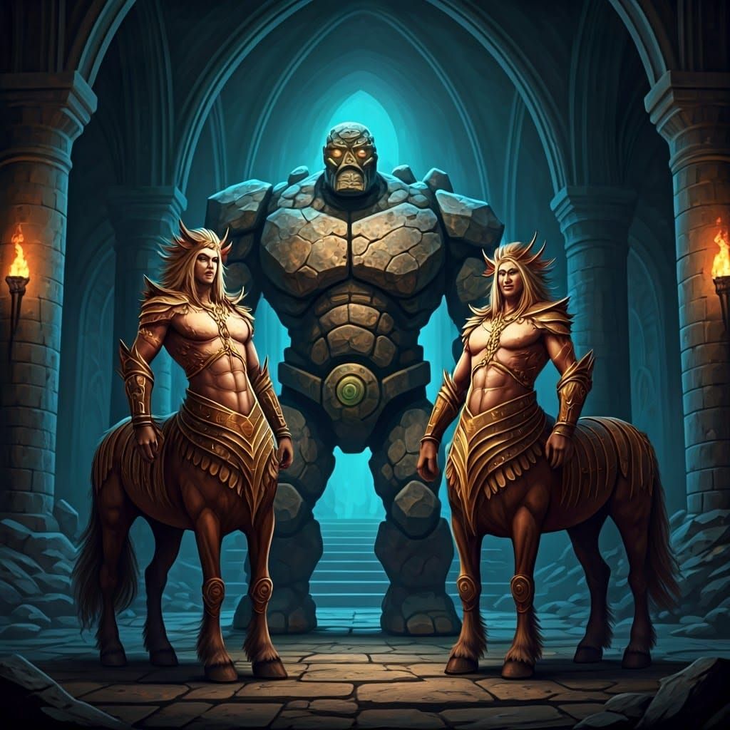 Centaurs and Stone Golem in Crypt: Dark Fantasy