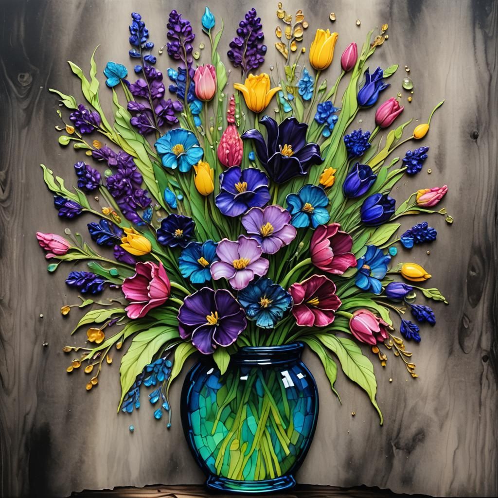 Jeweled Flower Bouquet in Alcohol Ink and Neon Style