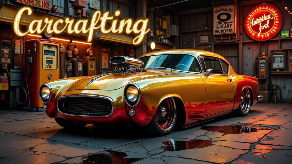 Dramatic Art Nouveau Car in Retro Gas Station