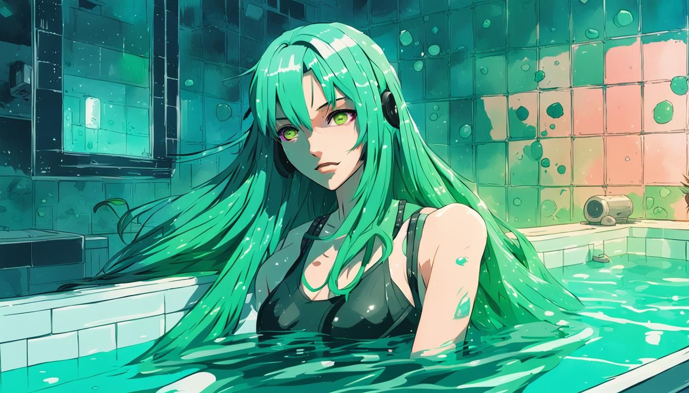 Cyberpunk Green Haired Girl in Bath: Anime Style