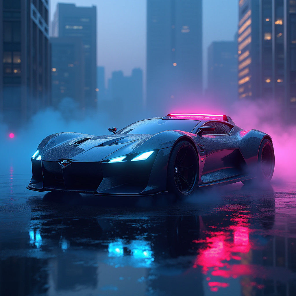 Futuristic Car with Top Lights in Cyberpunk Style