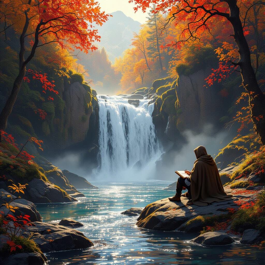 Majestic Autumn Waterfall & Traveler in Golden Hour Light