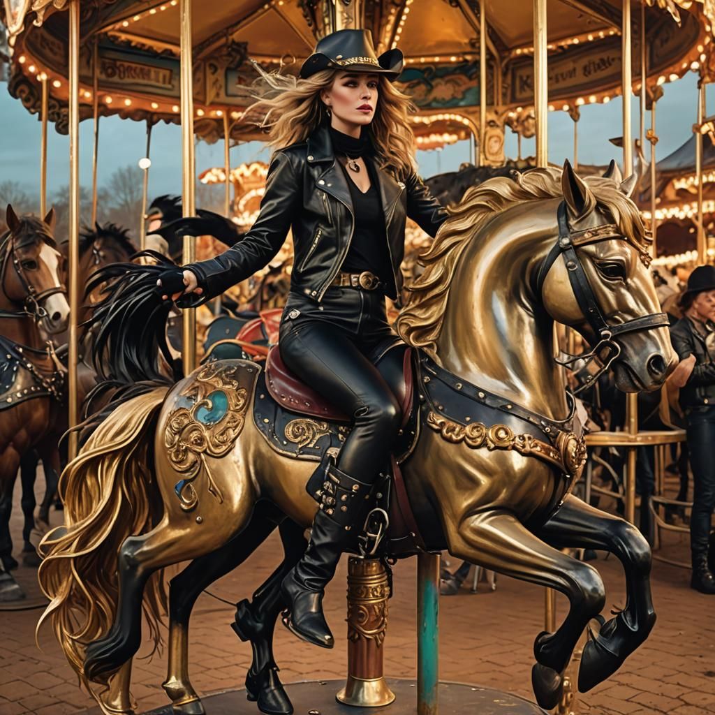 Leather-Clad Woman on Carousel Horse in Cyberpunk Style