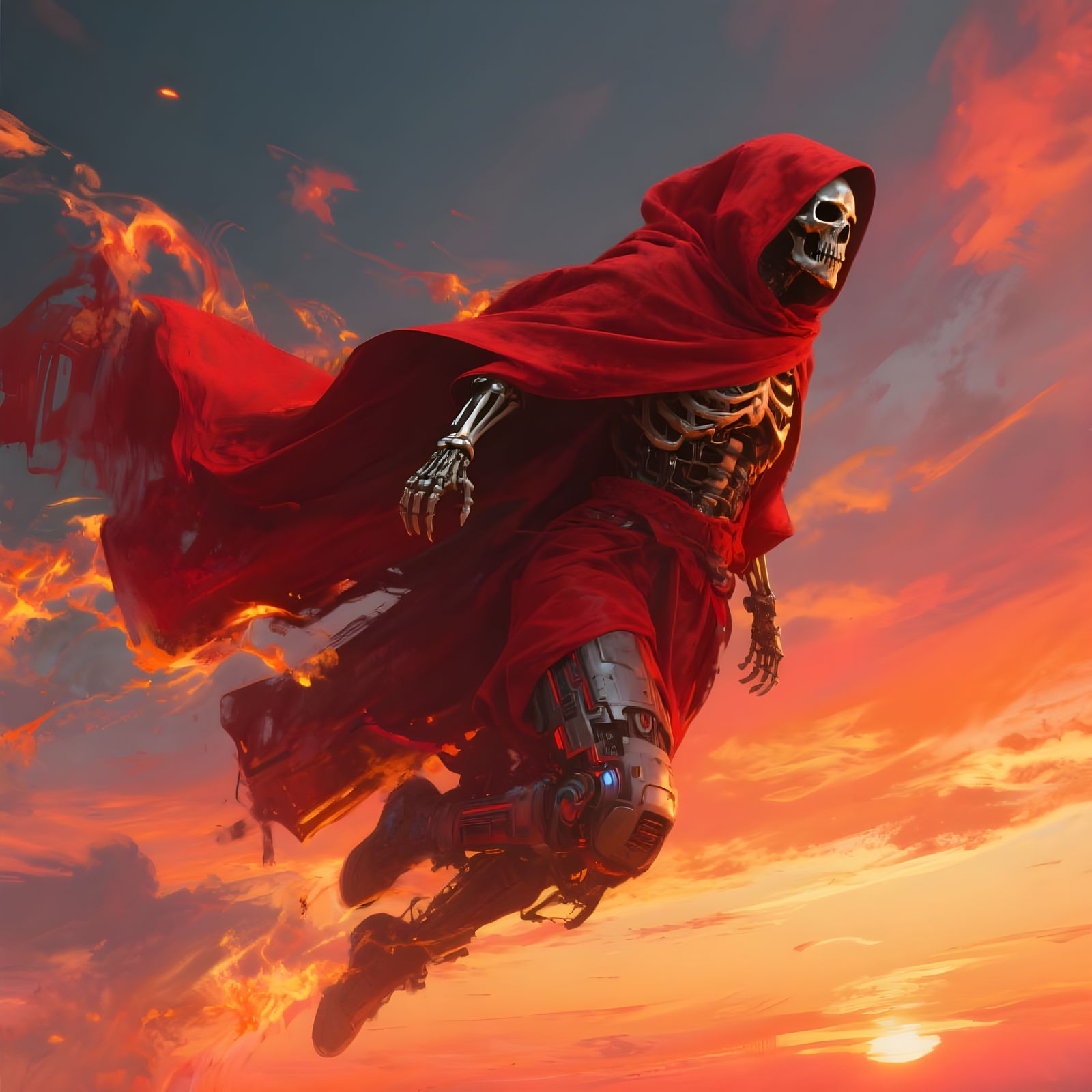 Doom Soaring: A Retrofuturist Hero in Fiery Sunset